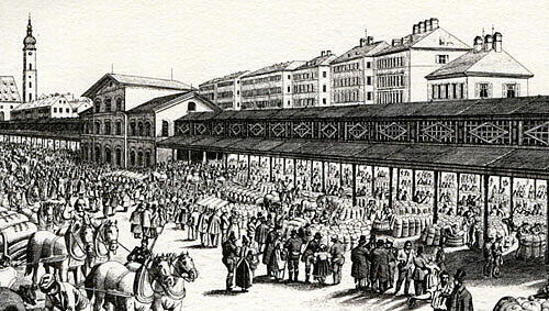 So sah die Schrannenhalle einmal aus: Ein riesiger Koloss, den Karl Muffat 1851 bis 1853 als Markthalle für Getreide am Rand des Viktualienmarktes errichtet hat.