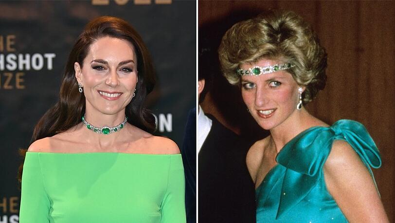 Prinzessin Kate trug die grüne Kette bei den Earthshot Prize Awards am Freitag in Boston - Prinzessin Diana beim Galadinner 1985 in Australien.