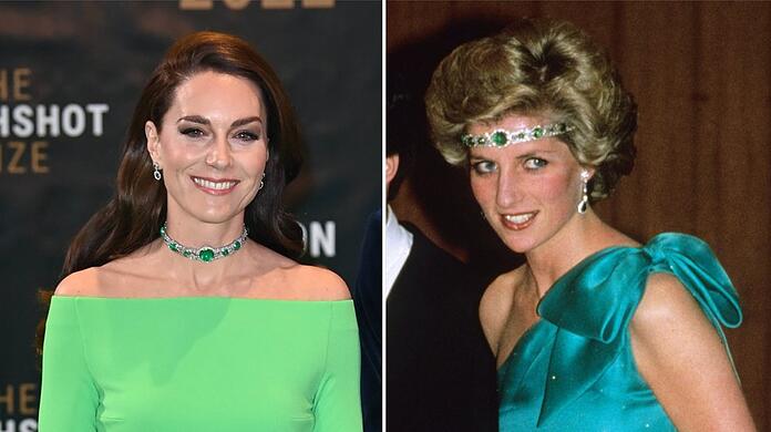Prinzessin Kate trug die grüne Kette bei den Earthshot Prize Awards am Freitag in Boston - Prinzessin Diana beim Galadinner 1985 in Australien.