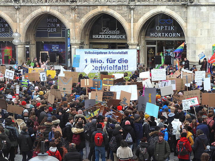 Schüler protestieren mit selbstgebastelten Plakaten am Freitag (1. Februar) auf dem Marienplatz.