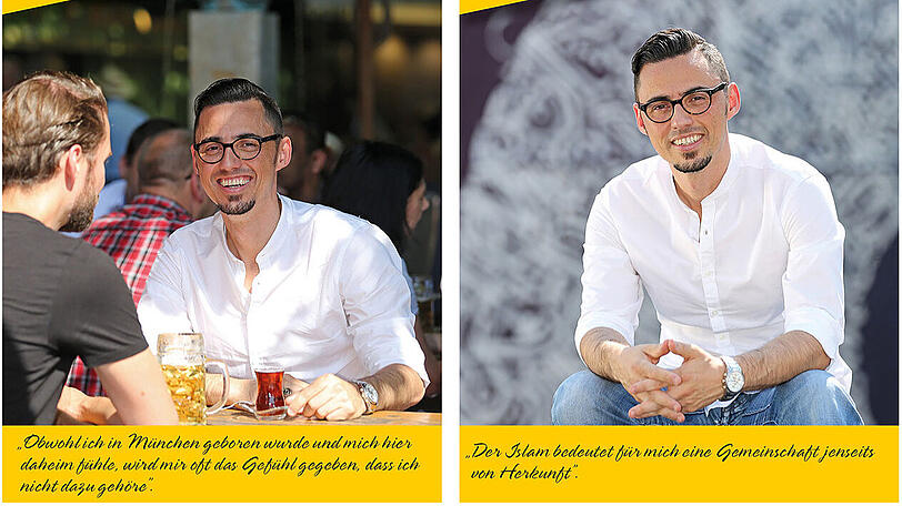 &bdquo;Islam bedeutet Gemeinschaft&ldquo;: Dieses Doppelmotiv zeigt Fotos von Erkan, die die Stadt auf Postkarten verteilt.