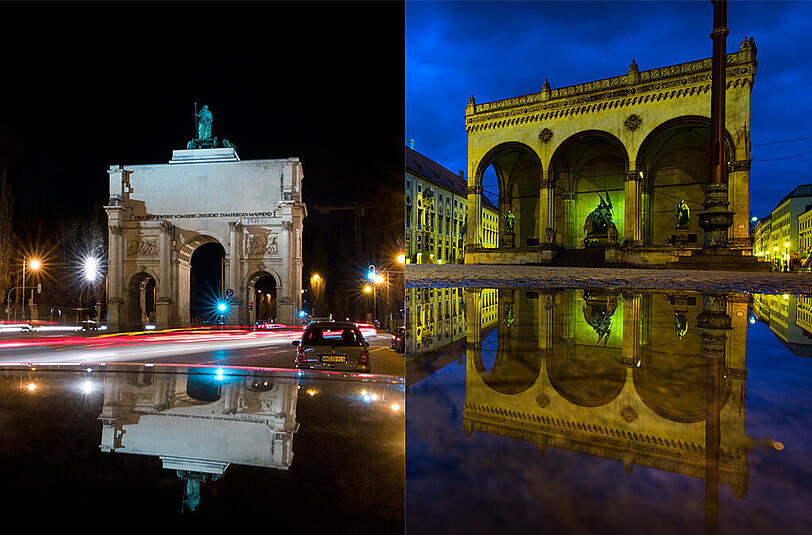 Rechts: Von Ludwig I. am Odeonsplatz erbaut &ndash; und bis heute immer wieder ein Schauplatz der Geschichte, politisch, aber auch kulturell: die Feldherrnhalle. Links: &bdquo;Dem Sieg geweiht. Vom Krieg zerstört. Zum Frieden mahnend&ldquo;: Das Siegestor bei Nacht.