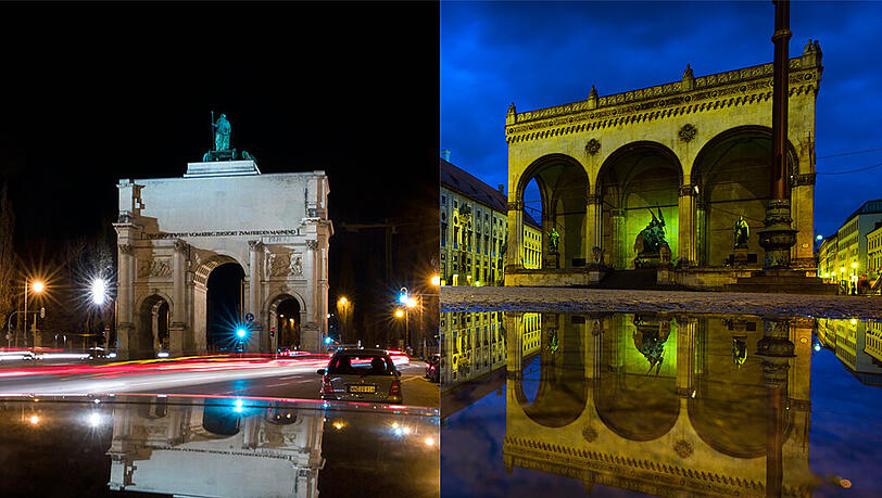 Rechts: Von Ludwig I. am Odeonsplatz erbaut – und bis heute immer wieder ein Schauplatz der Geschichte, politisch, aber auch kulturell: die Feldherrnhalle. Links: „Dem Sieg geweiht. Vom Krieg zerstört. Zum Frieden mahnend“: Das Siegestor bei Nacht. Rechts: Von Ludwig I. am Odeonsplatz erbaut – und bis heute immer wieder ein Schauplatz der Geschichte, politisch, aber auch kulturell: die Feldherrnhalle. Links: „Dem Sieg geweiht. Vom Krieg zerstört. Zum Frieden mahnend“: Das Siegestor bei Nacht.