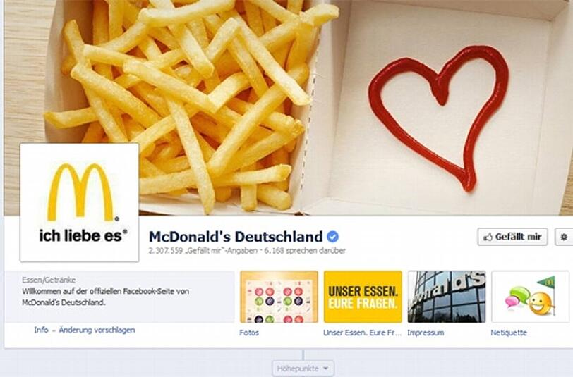 Und hier noch die beliebtesten Firmen in Deutschland: Auf Rang eins steht McDonalds Deutschland mit 1,4 Millionen Fans. Dahinter folgen (in dieser Reihenfolgen laut einer Aufstellung von SocialBakers): Lufthansa, Lidl, Nutella, Kinder-Riegel, dm, stylefruits, Audi, Vodafone und Payback.