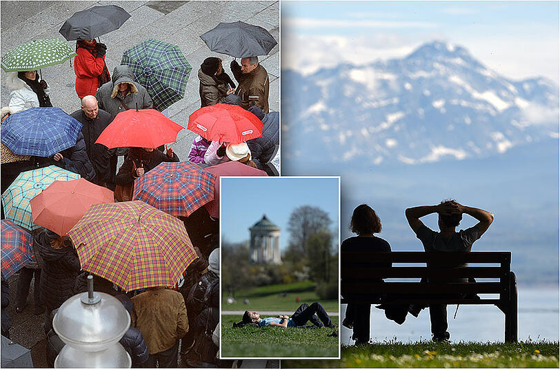Während des restlichen Mais wird es in München weitgehend kalt und nass (l.), im Alpenraum ist während der Pfingst-Feiertage in hohen Lagen sogar mit Schnee zu rechnen (r.). Sonne und warme Temperaturen werden zum Ende des Monats wohl eine Seltenheit bleiben (m.).