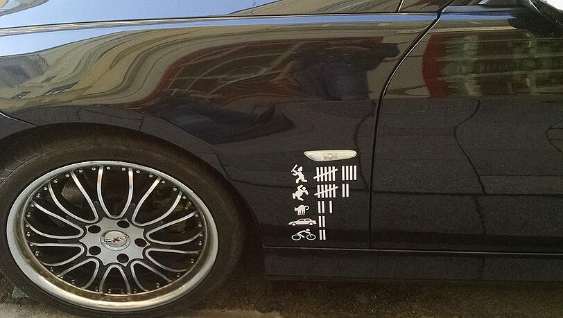 Die Aufkleber auf dem schwarzen BMW sind nicht verboten. Aber sie zeichnen das Bild eines verrohten Menschen mit rechter Gesinnung. Die Aufkleber auf dem schwarzen BMW sind nicht verboten. Aber sie zeichnen das Bild eines verrohten Menschen mit rechter Gesinnung.