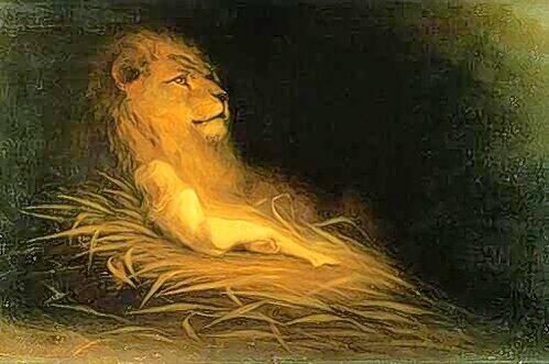 Er wollte beweisen, dass man auch die Löwen zum Vegetarismus bekehren kann &ndash; aber der Zoodirektor ließ ihn nicht: Karl Wilhelm Diefenbachs &bdquo;Friede (Löwe mit Kind)&ldquo; um 1903.