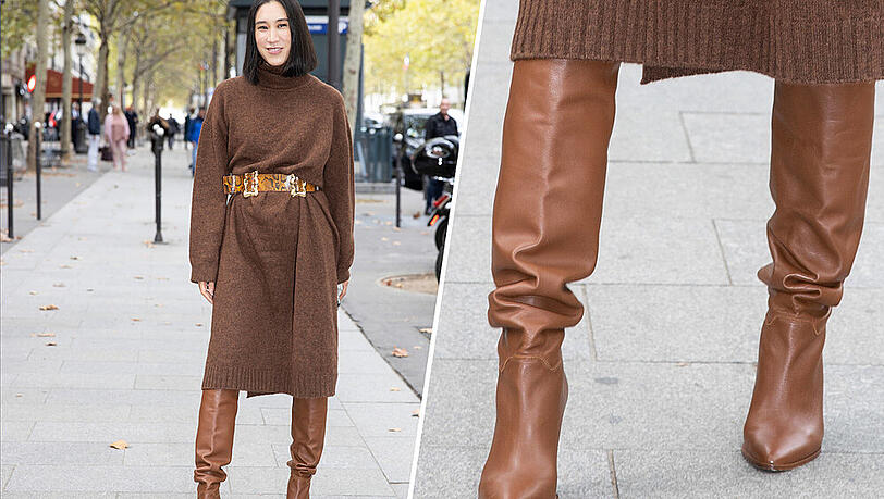 Instagram-Modechefin Eva Chen trägt den Herbsttrend Reiterstiefel zum taillierten Wollkleid. Instagram-Modechefin Eva Chen trägt den Herbsttrend Reiterstiefel zum taillierten Wollkleid.