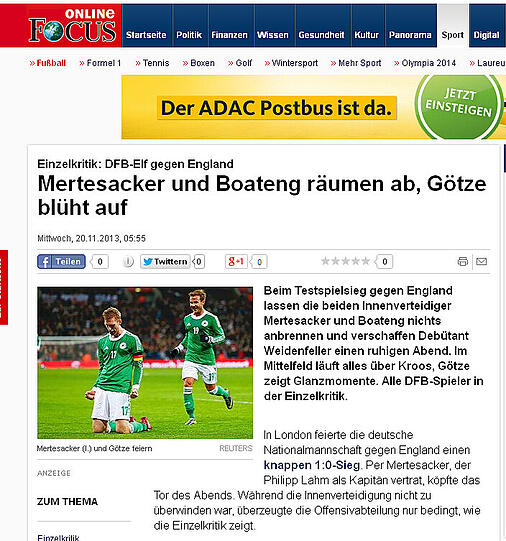 Focus-Online lobt das starke Innenverteidigerpaar Mertesacker/Boateng.