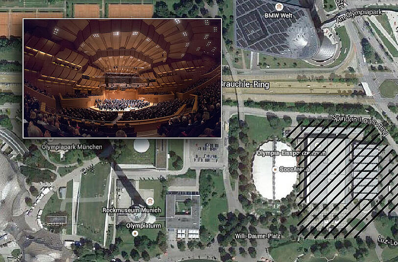 Der Bezirksausschuss Milbertshofen - Am Hartz der SPD und CSU schlägt einen Konzerthaus-Neubau auf dem Olympiagelände vor. Im Bild ist der gewünschte Standort, rechts neben dem Eissportstadion zu sehen.