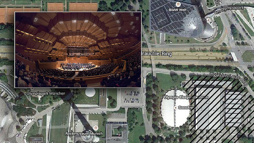 Der Bezirksausschuss Milbertshofen - Am Hartz der SPD und CSU schlägt einen Konzerthaus-Neubau auf dem Olympiagelände vor. Im Bild ist der gewünschte Standort, rechts neben dem Eissportstadion zu sehen. Der Bezirksausschuss Milbertshofen - Am Hartz der SPD und CSU schlägt einen Konzerthaus-Neubau auf dem Olympiagelände vor. Im Bild ist der gewünschte Standort, rechts neben dem Eissportstadion zu sehen.