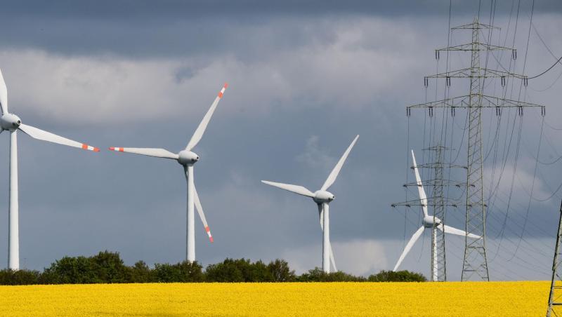 Eine Hochspannungsleitung mit Windrädern am Horizont führt durch blühende Rapsfelder im Landkreis Hildesheim. Eine Hochspannungsleitung mit Windrädern am Horizont führt durch blühende Rapsfelder im Landkreis Hildesheim.