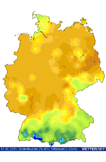 Die aktuelle Bodenfeuchtekarte von Deutschland. Die braunen Farbtöne markieren die Bereiche in denen die ersten 30 cm des Erdbodens extrem trocken sind.