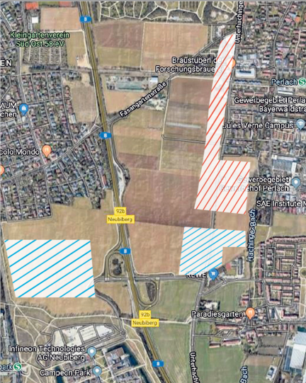 Das Hachinger Tal &ndash; hier könnten Flächen versiegelt werden. Die Fläche für geplantes Gewerbe (blau), für Wohnungsbau (rot).