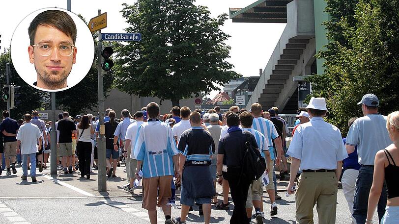 Auf dem Weg in die Heimat: Löwen-Fans vor dem Grünwalder Stadion.