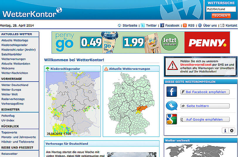 Note 2,8 für wetterkontor.de. Der Dienst beliefert Seiten wie spiegel.de und bild.de. Vorhersagen am gleichen Tag sind nur in vier Zeit-Abschnitte unterteilt.
