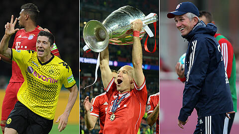 Klare Sache im Pokalfinale 2012: Dreierpacker Lewandowsk; Revanche 2013: Robben mit dem Champions-League-Pokal; Dortmund-Experte: Jupp Heynckes.