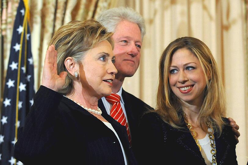 Hillary Clinton mit Bill Clinton und der gemeinsamen Tochter Chelsea
