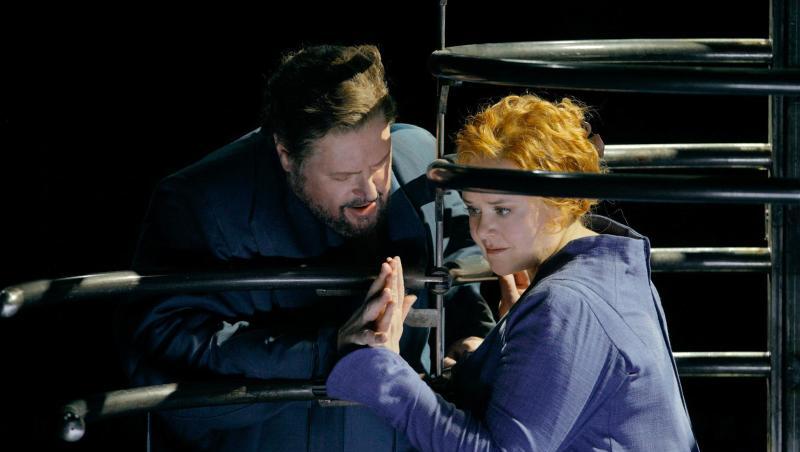 Stephen Gould und Petra Lang bei einer Probe zur Oper "Tristan und Isolde". Foto: Enrico Nawrath/Festspiele Bayreuth/Archivbild