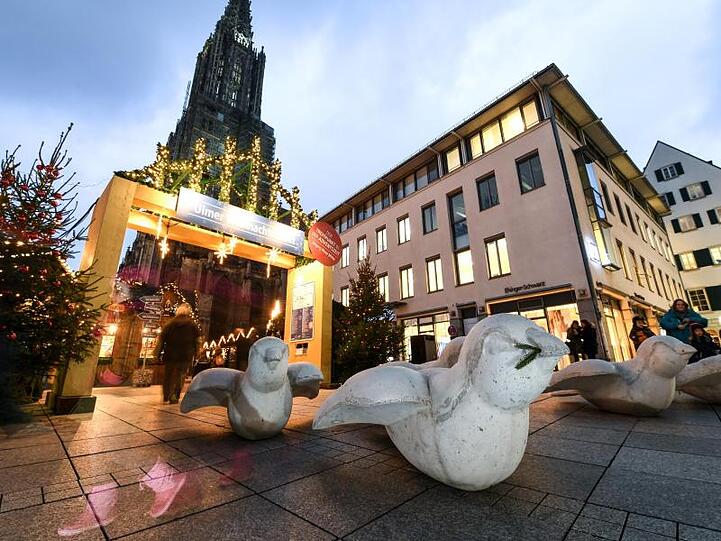 Fünf Spatzen aus Beton stehen am Eingang zum Ulmer Weihnachtsmarkt als Sicherheitsbarriere auf dem Boden.