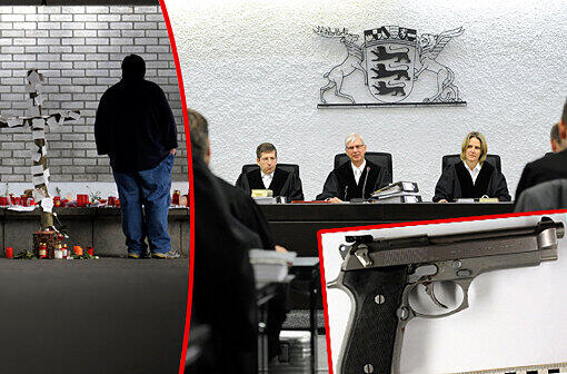 Die Richter am Landgericht Stuttgart (v. l. n. r.): Andreas Müller, Ulrich Polachowski (Vorsitzender) und Sybille Wuttke eröffnen am 14. November 2012 am Stuttgarter Landgerichts den zweiten Prozess gegen den Vater des Amokläufers von Winnenden und Wendlingen. Wegen eines Verfahrensfehlers hatte der Bundesgerichtshof das erste Urteil vom Februar 2011 aufgehoben. Am 01.02.2013 wird das Urteil gesprochen.