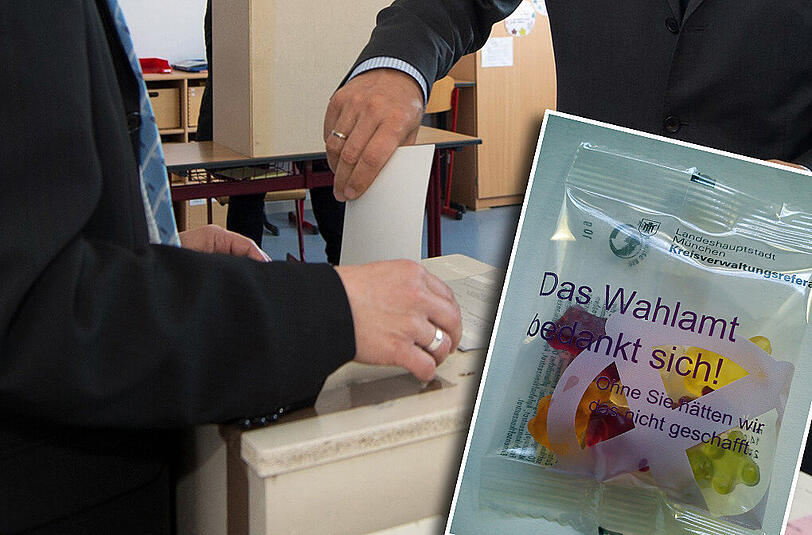 Zuckerl bei der Europawahl für die Wahlhelfer: Das KVR München hält die Mitarbeiter mit Gummibärchen bei Laune. Wer Glück hat, ergattert auch als Wähler ein Tütchen, so wie unser AZ-Reporter.