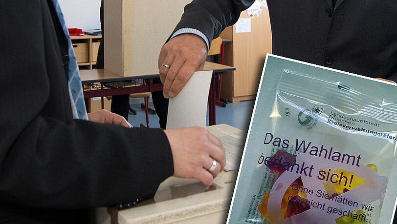 Zuckerl bei der Europawahl für die Wahlhelfer: Das KVR München hält die Mitarbeiter mit Gummibärchen bei Laune. Wer Glück hat, ergattert auch als Wähler ein Tütchen, so wie unser AZ-Reporter. Zuckerl bei der Europawahl für die Wahlhelfer: Das KVR München hält die Mitarbeiter mit Gummibärchen bei Laune. Wer Glück hat, ergattert auch als Wähler ein Tütchen, so wie unser AZ-Reporter.