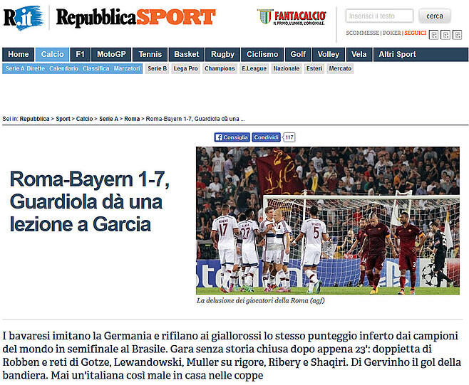 "Rom-Bayern 1:7: Guardiola erteilt Garcia eine Lektion." La Repubblica (Italien)