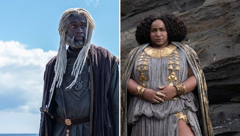 Steve Toussaint spielt in "House of the Dragon" die einflussreiche "Seeschlange" Corlys Velaryon, Sophia Nomvete verkörpert die Zwergin Disa in "Die Ringe der Macht". Steve Toussaint spielt in "House of the Dragon" die einflussreiche "Seeschlange" Corlys Velaryon, Sophia Nomvete verkörpert die Zwergin Disa in "Die Ringe der Macht".