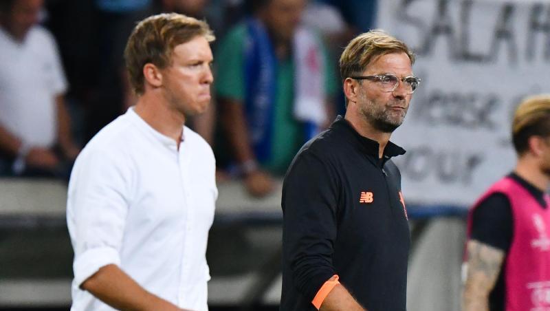 Treffen mit ihren Teams in Budapest aufeinander: Leipzig-Coach Julian Nagelsmann (l) und Liverpools Jürgen Klopp.