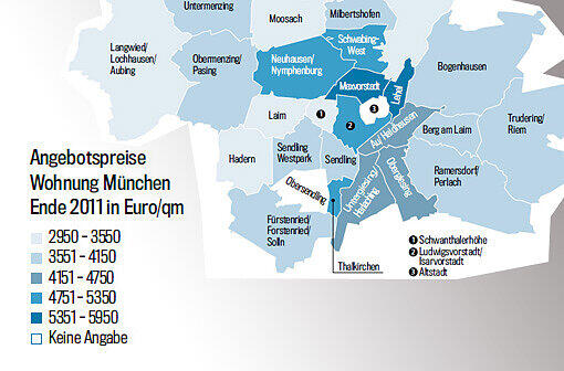 Die Quadratmeterpreise in den Stadtvierteln. Je dunkler das blau, desto teurer die Wohnungen. Alles unter 4000 Euro ist heute günstig. Checken Sie Ihr Viertel. Einfach weiterklicken!