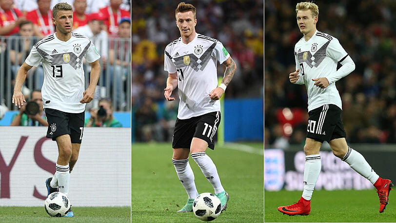 Können sie Mesut Özil im offensiven Mittelfeld ersetzen? Thomas Müller, Marco Reus und Julian Brandt (von links).