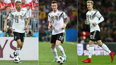 Können sie Mesut Özil im offensiven Mittelfeld ersetzen? Thomas Müller, Marco Reus und Julian Brandt (von links).