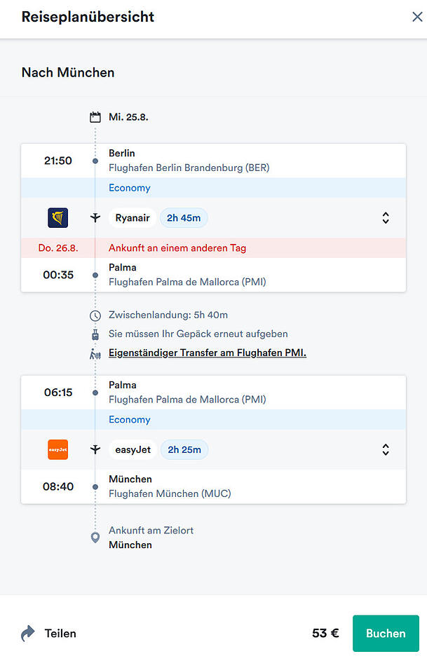 Die Flugverbindung Berlin-München führt über Palma de Mallorca - für 53 Euro. Die Flugverbindung Berlin-München führt über Palma de Mallorca - für 53 Euro.