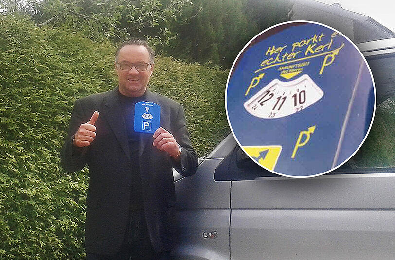 Der &bdquo;echte Kerl&ldquo; Michael Basel hat jetzt eine &bdquo;echte&ldquo; Parkscheibe. Seine alte Parkscheibe (kl. Foto) hat dem 47-Jährigen ein Verwarngeld eingebracht.