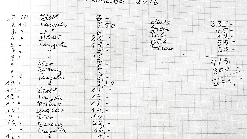 In ihrem Haushaltsbuch notiert Lioba Bichl jeden Monat mit ihrem Kugelschreiber, wo sie wie viel Geld ausgegeben hat. In ihrem Haushaltsbuch notiert Lioba Bichl jeden Monat mit ihrem Kugelschreiber, wo sie wie viel Geld ausgegeben hat.