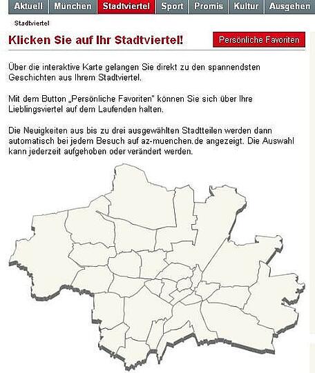 Schritt 1: Unter az-muenchen.de/stadtviertel erscheint das Stadtviertelportal mit allen Vierteln und Mitmach-Funktion.