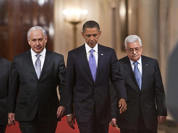 Wollen in der Nahost-Frage vorankommen: Benjamin Netanjahu, Barack Obama, Mahmoud Abbas