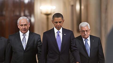 Wollen in der Nahost-Frage vorankommen: Benjamin Netanjahu, Barack Obama, Mahmoud Abbas