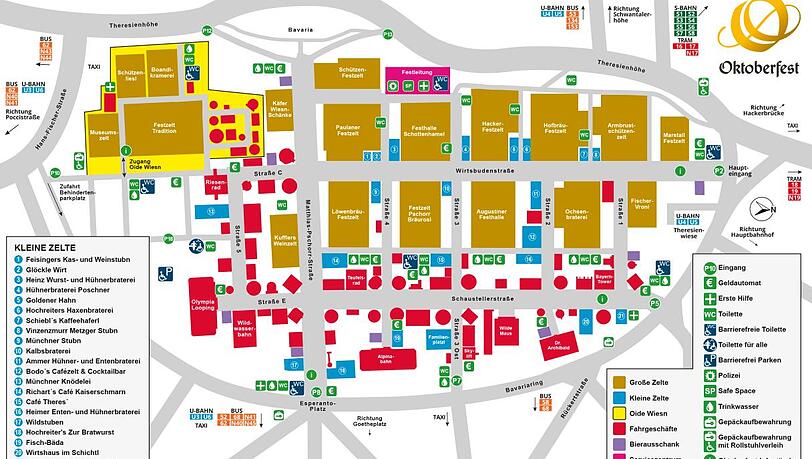 Die Karte zeigt Ihnen alle wichtigen Orte auf der Wiesn – auch wo Sie die nächste Haltestelle finden. Die Karte zeigt Ihnen alle wichtigen Orte auf der Wiesn – auch wo Sie die nächste Haltestelle finden.