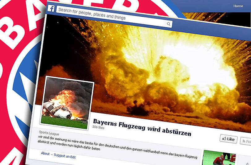 Ein brennendes Flugzeugwrack als Hintergrundbild: Mit einer Facebook-Seite hetzen Unbekannte gegen den FC Bayern.
