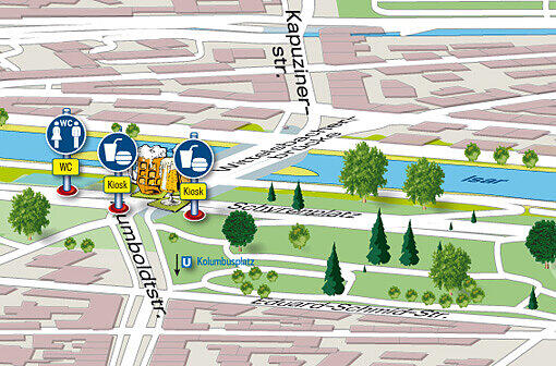 An der Wittelsbacher Brücke: Je näher man der City kommt, desto besser wird die Infrastruktur. Hier bieten rechts der Isar gleich zwei Kioske ihre Waren feil. Zur U-Bahn-Station Kolumbusplatz ist es nicht allzu weit.