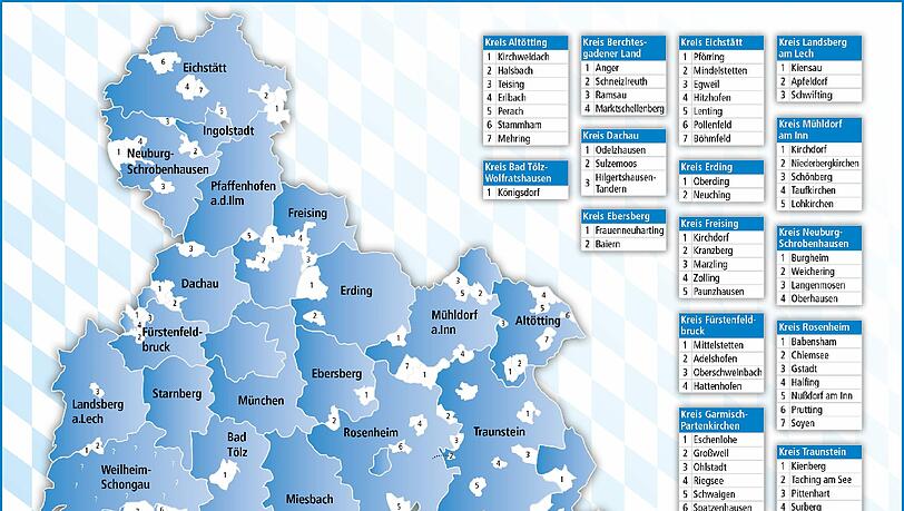 Die „weißen“ Flecken sollen nach und nach von der Landkarte verschwinden – noch stehen sie allerdings für die Gemeinden in Oberbayern, die noch keine Flüchtlinge aufgenommen haben. Die „weißen“ Flecken sollen nach und nach von der Landkarte verschwinden – noch stehen sie allerdings für die Gemeinden in Oberbayern, die noch keine Flüchtlinge aufgenommen haben.
