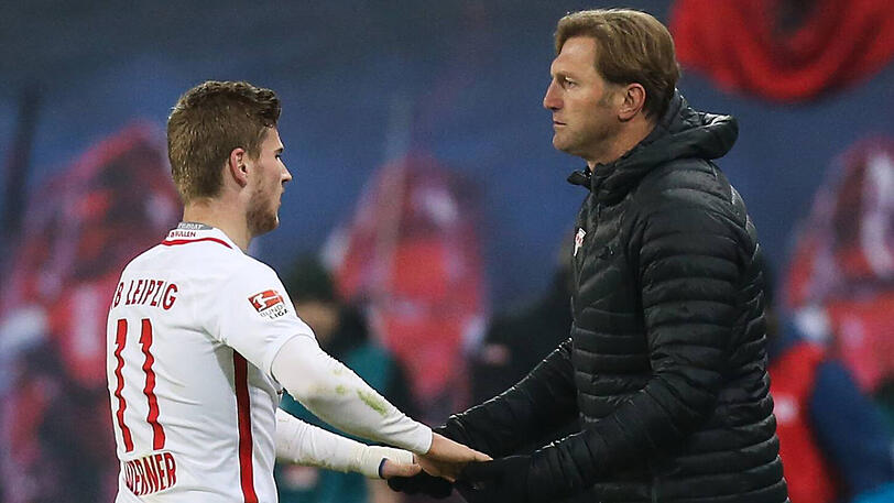 Leipzigs Stürmer Timo Werner und Trainer Ralph Hasenhüttl (rechts).