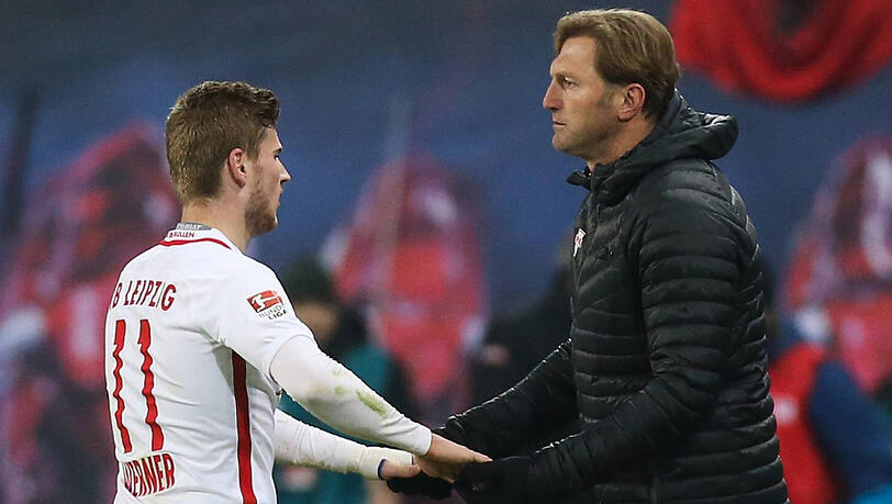 Leipzigs Stürmer Timo Werner und Trainer Ralph Hasenhüttl (rechts). Leipzigs Stürmer Timo Werner und Trainer Ralph Hasenhüttl (rechts).