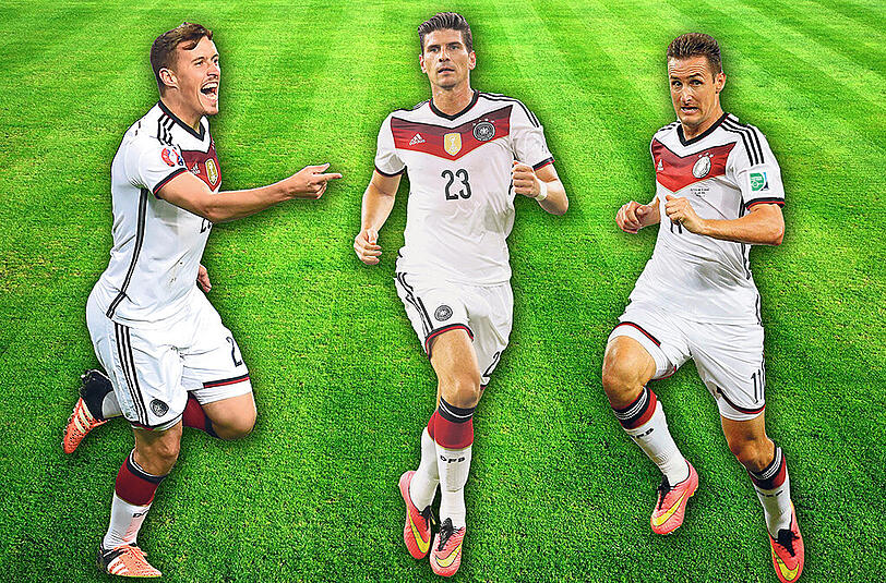 Drei Stürmer, drei Perspektiven: Georgien-Torschütze Max Kruse (l.) hat wohl keine Chance auf einen Stammplatz, Miroslav Klose (r.) ist aus der Nationalmannschaft zurückgetreten &ndash; und Mario Gomez (m.) hofft auf ein Comeback im DFB-Dress.