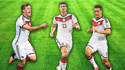 Drei Stürmer, drei Perspektiven: Georgien-Torschütze Max Kruse (l.) hat wohl keine Chance auf einen Stammplatz, Miroslav Klose (r.) ist aus der Nationalmannschaft zurückgetreten &ndash; und Mario Gomez (m.) hofft auf ein Comeback im DFB-Dress.