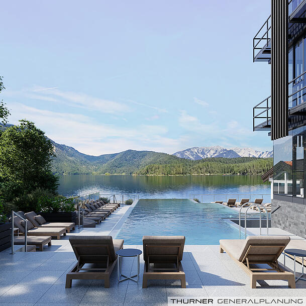 Der Außenbereich vor dem beheizten Pool mit Ausblick auf See und Berge. Der Außenbereich vor dem beheizten Pool mit Ausblick auf See und Berge.
