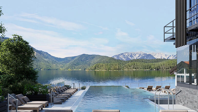 Der Außenbereich vor dem beheizten Pool mit Ausblick auf See und Berge. Der Außenbereich vor dem beheizten Pool mit Ausblick auf See und Berge.