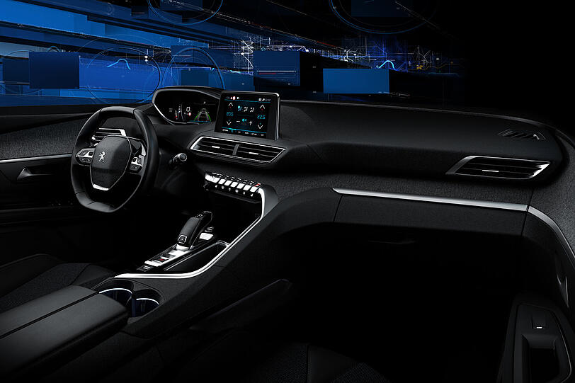 Auf Schalter und Knöpfe im Armaturenbrett verzichtet Peugeot beim i-Cockpit 2.0 fast völlig. Die Bedienung erfolgt in erster Linie über den zentralen Touchscreen.